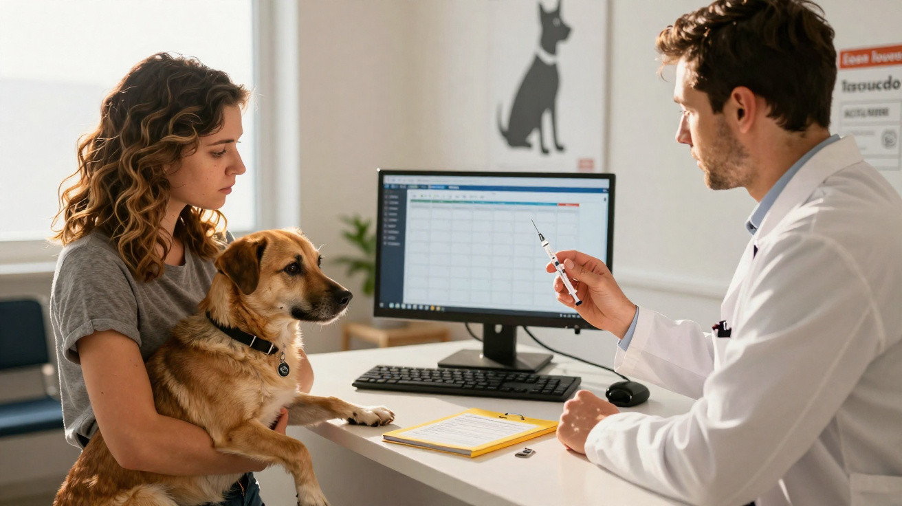 Veterinário a consultar dona e cão para vacinação numa clínica veterinária iluminada.