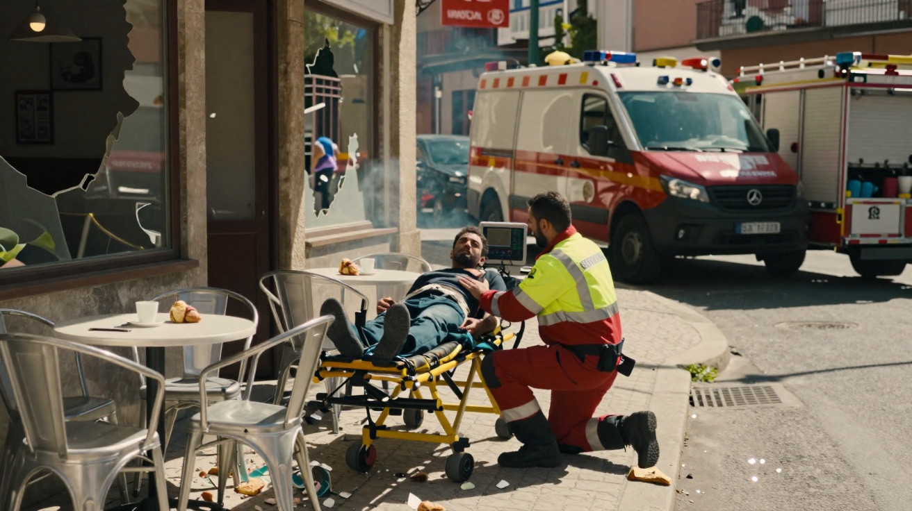 Homem ferido numa maca ao lado de café com vidros partidos, socorrista a prestar assistência, ambulância ao fundo.