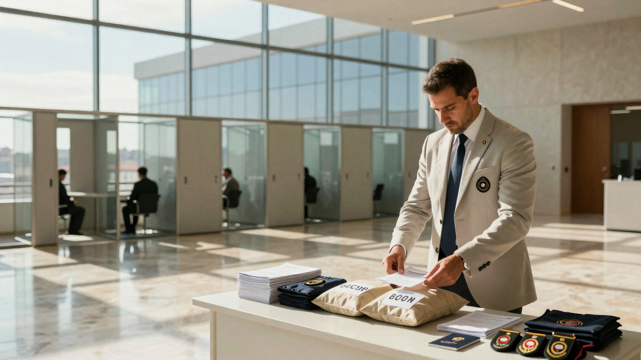 Homem em fato claro organiza materiais numa mesa num espaço amplo com várias cabines de atendimento.