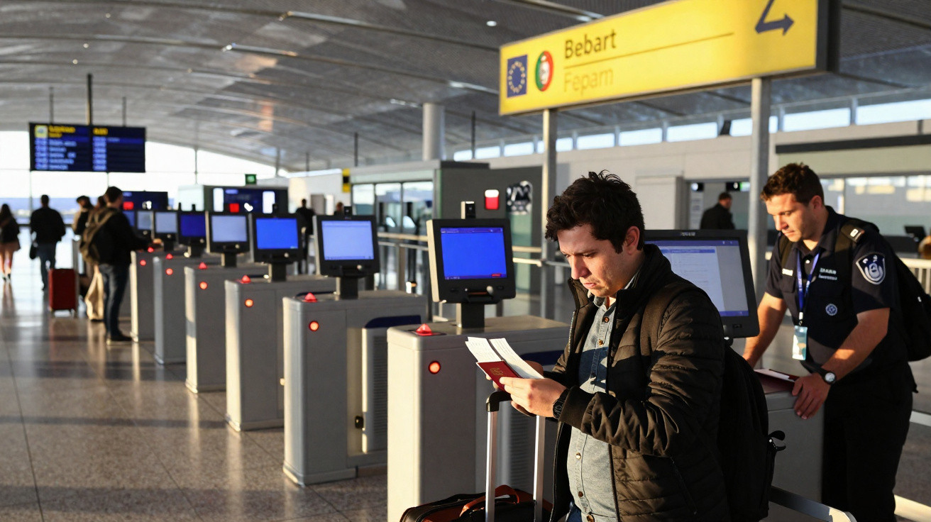 Homem em aeroporto a consultar documentos junto a controle de passaportes automático.