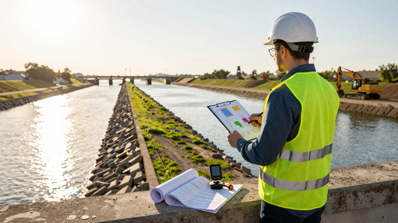 Engenheiro com capacete e colete refletor a analisar planta num canal com maquinaria de construção ao fundo.