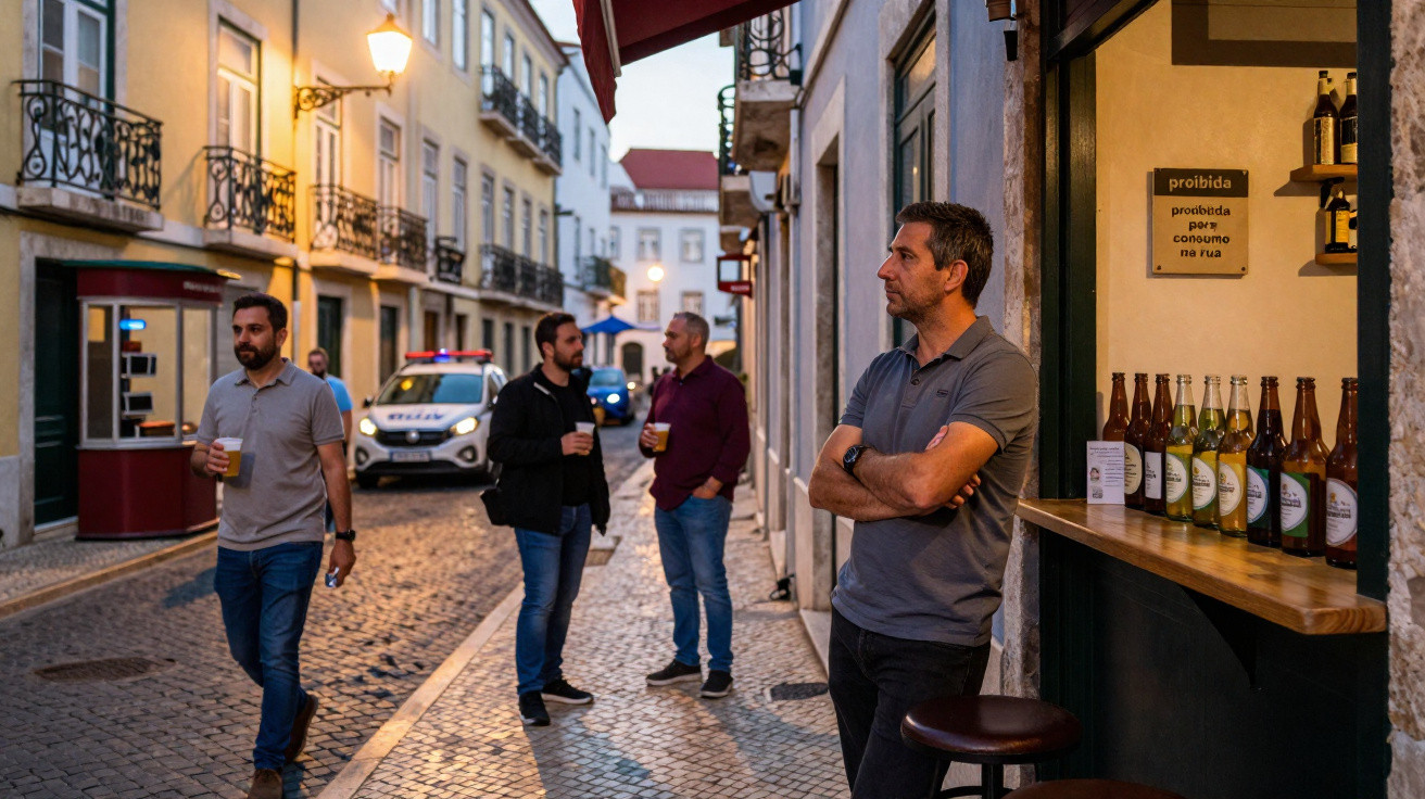 Homens conversam e bebem bebidas numa rua de calçada antiga ao entardecer, com polícia ao fundo.