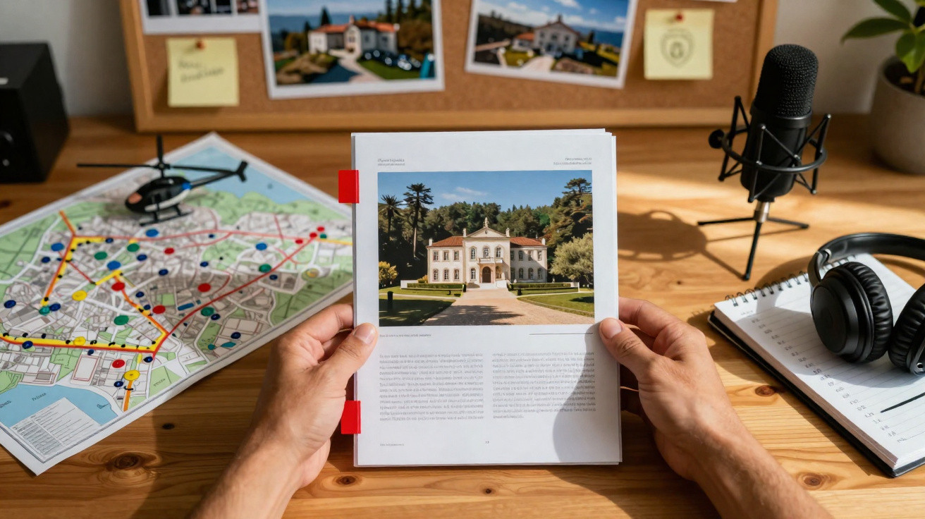 Mãos seguram folheto com imagem de casa grande; mesa tem mapa, microfone, auscultadores e bloco de notas.