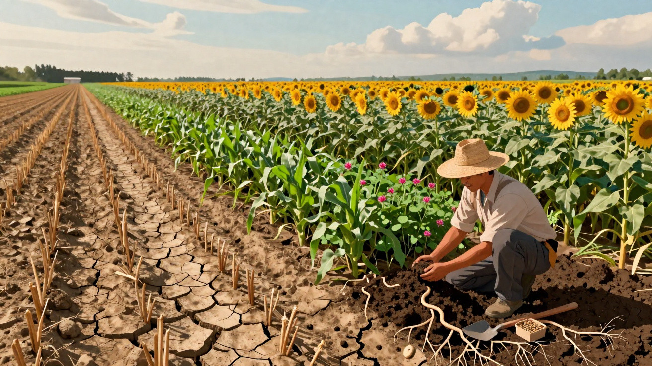 Homem a plantar sementes num solo seco junto a um campo florido de girassóis ao pôr do sol.