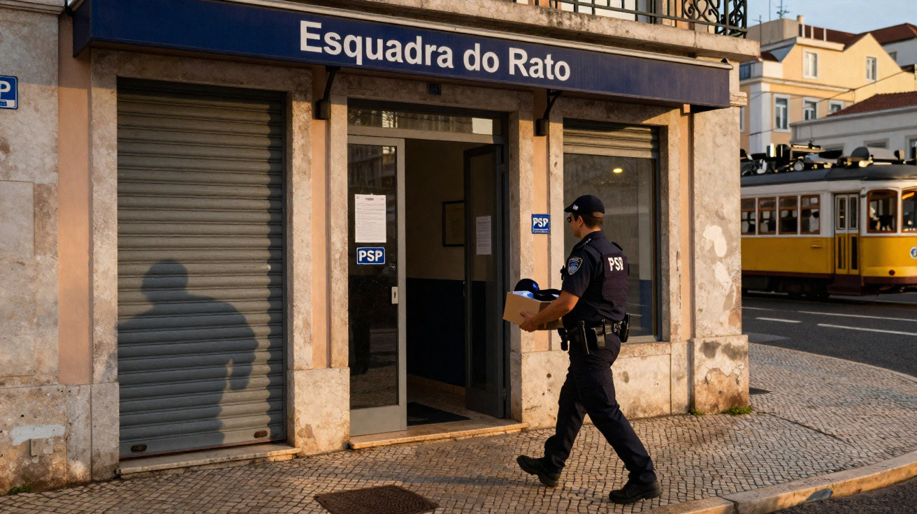 Fachada da Esquadra do Rato com polícia a entrar e elétrico amarelo a passar ao fundo numa rua de Lisboa.