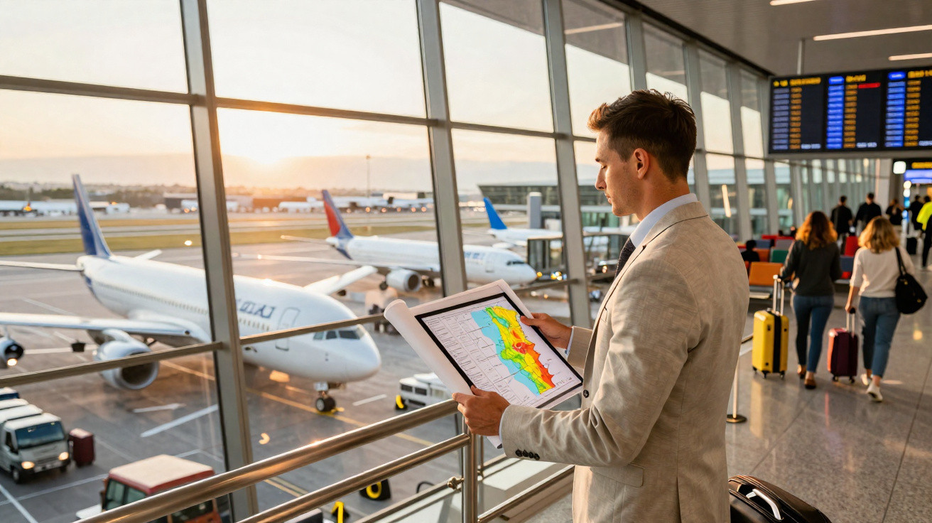 Homem de fato cinzento consulta mapa num tablet no aeroporto com aviões e passageiros ao fundo.