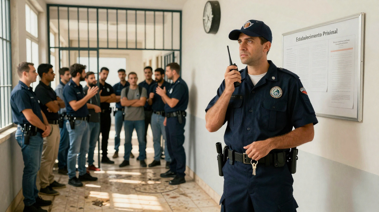 Polícia em uniforme azul fala ao rádio em corredor com grupo de homens, alguns também em uniforme.