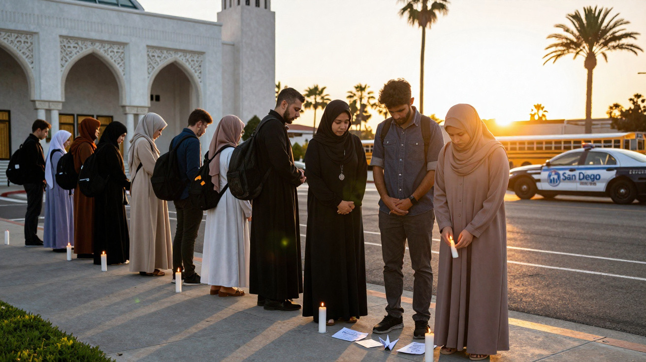 Grupo de jovens em vigília com velas junto a mesquita ao pôr do sol em São Diego.