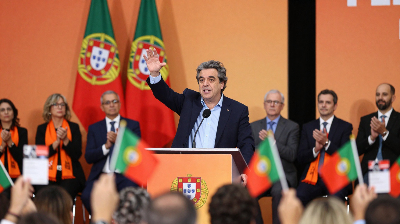 Homem a discursar em pódio com bandeiras de Portugal, público aplaude e gesticula com bandeiras pequenas.