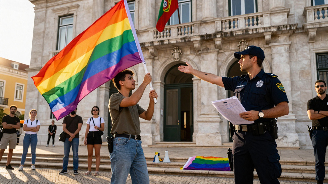 Jovem com bandeira arco-íris conversa com polícia à porta de edifício histórico com bandeira de Portugal.