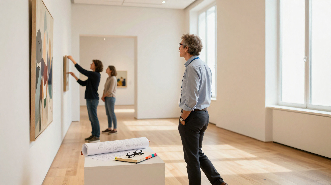Homens e mulher a observar e pendurar quadros numa galeria de arte luminosa e espaçosa.