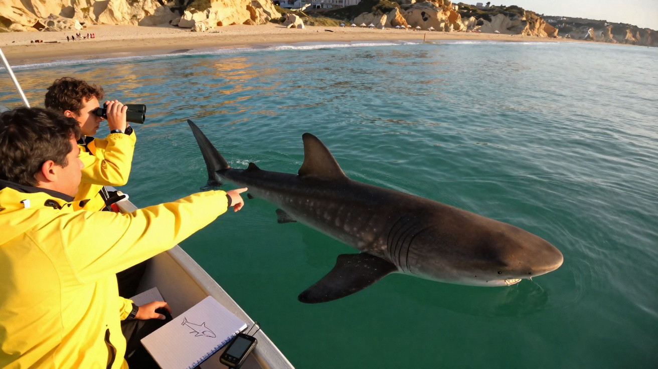 Dois homens de casaco amarelo observam tubarão-tigre próximo a um barco em mar calmo junto à costa rochosa.
