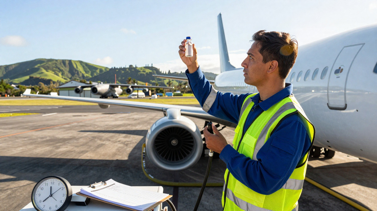 Técnico aeroportuário em colete refletor inspeciona frasco com líquido junto a avião no aeroporto.