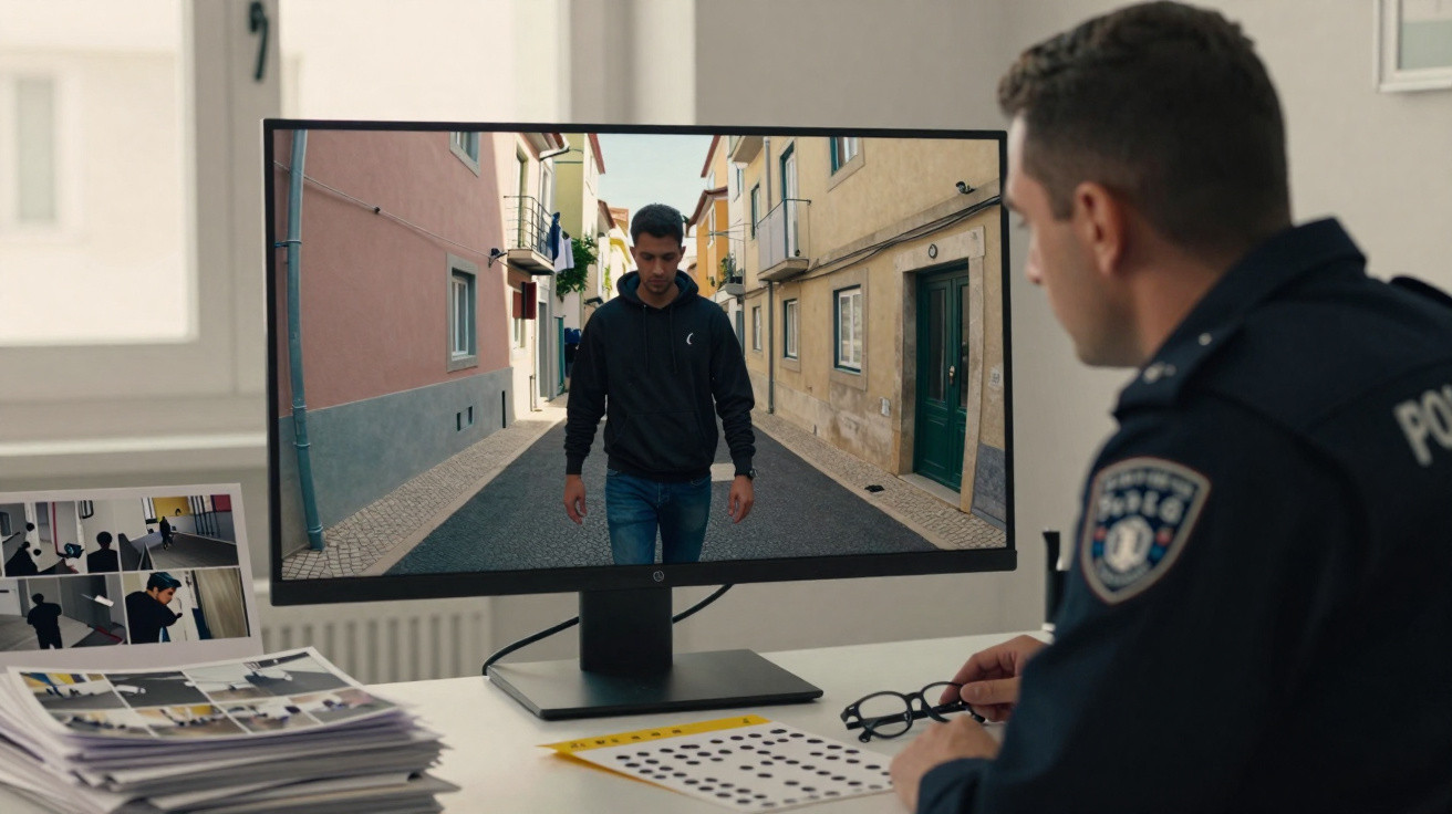 Polícia em escritório a analisar vídeo de homem a caminhar numa rua estreita entre edifícios.