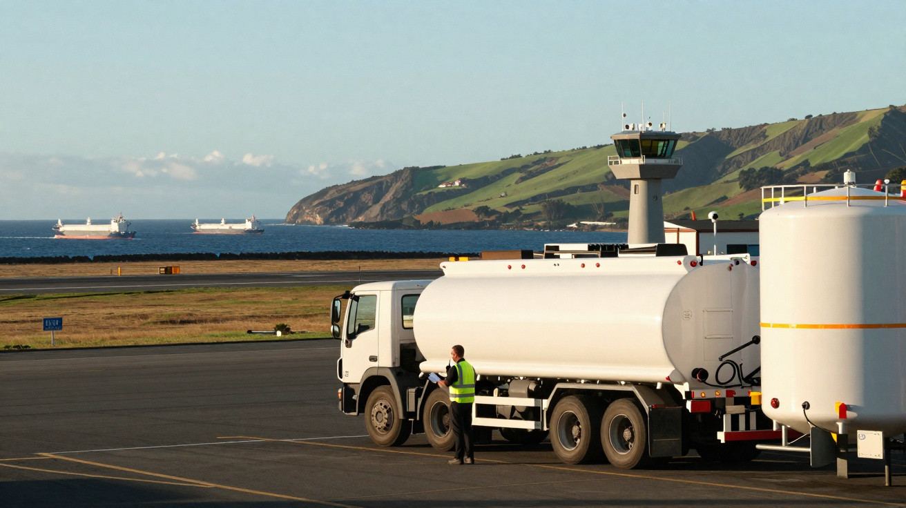 Camião cisterna branco com trabalhador em colete refletor no aeroporto, com torre de controlo e navios ao fundo.