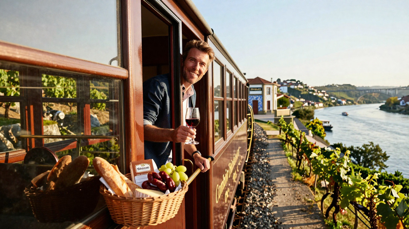 Homem sorridente com copo de vinho tinto no comboio junto a uma cesta com pão, frutas, e paisagem fluvial.