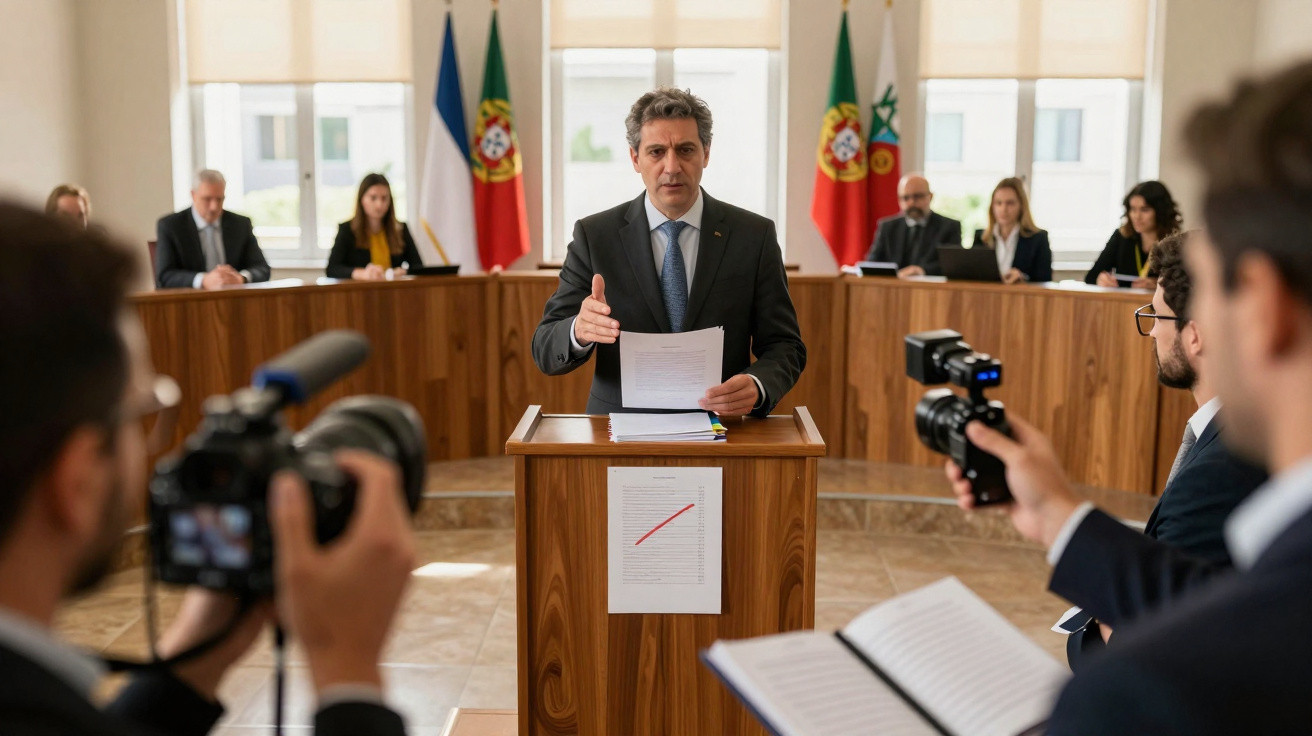 Homem a fazer discurso num púlpito em tribunal com câmaras e pessoas a assistir, bandeiras portuguesas ao fundo.
