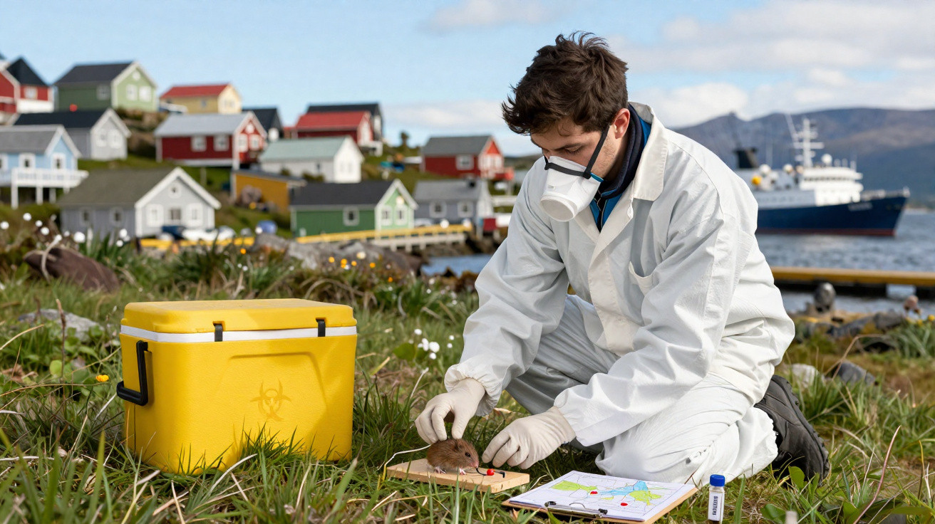 Cientista com fato de proteção e máscara analisa rato na natureza junto a caixa amarela e prancheta, perto de casas e mar.