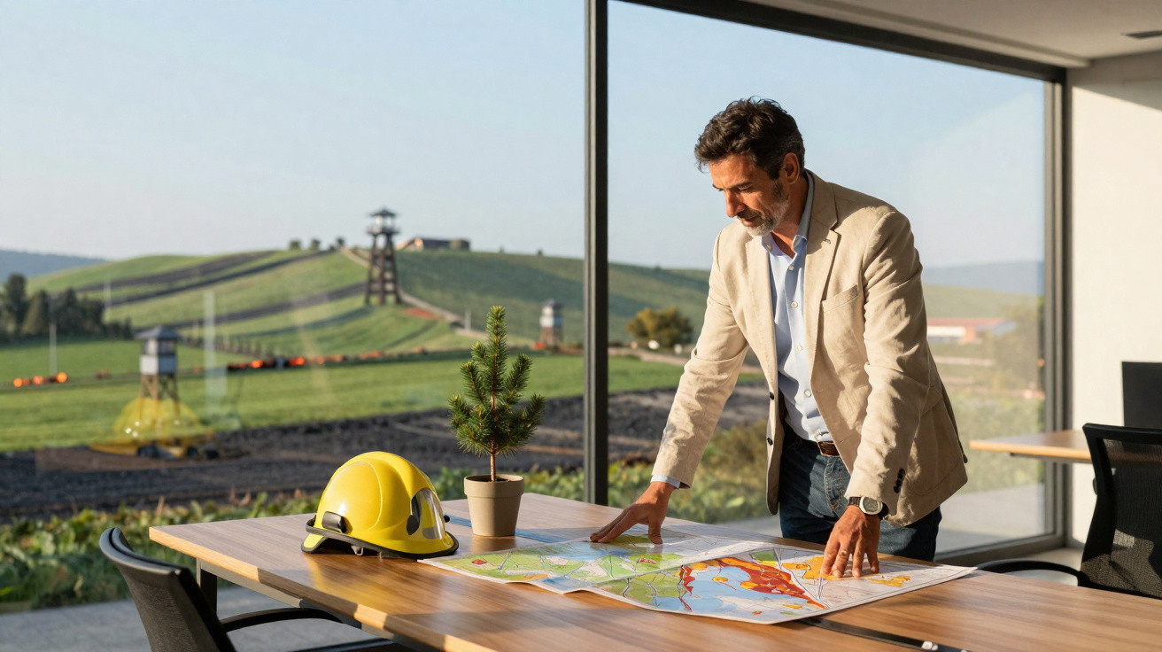 Homem numa sala com grande janela, analisando mapa numa mesa com capacete amarelo e planta pequena.