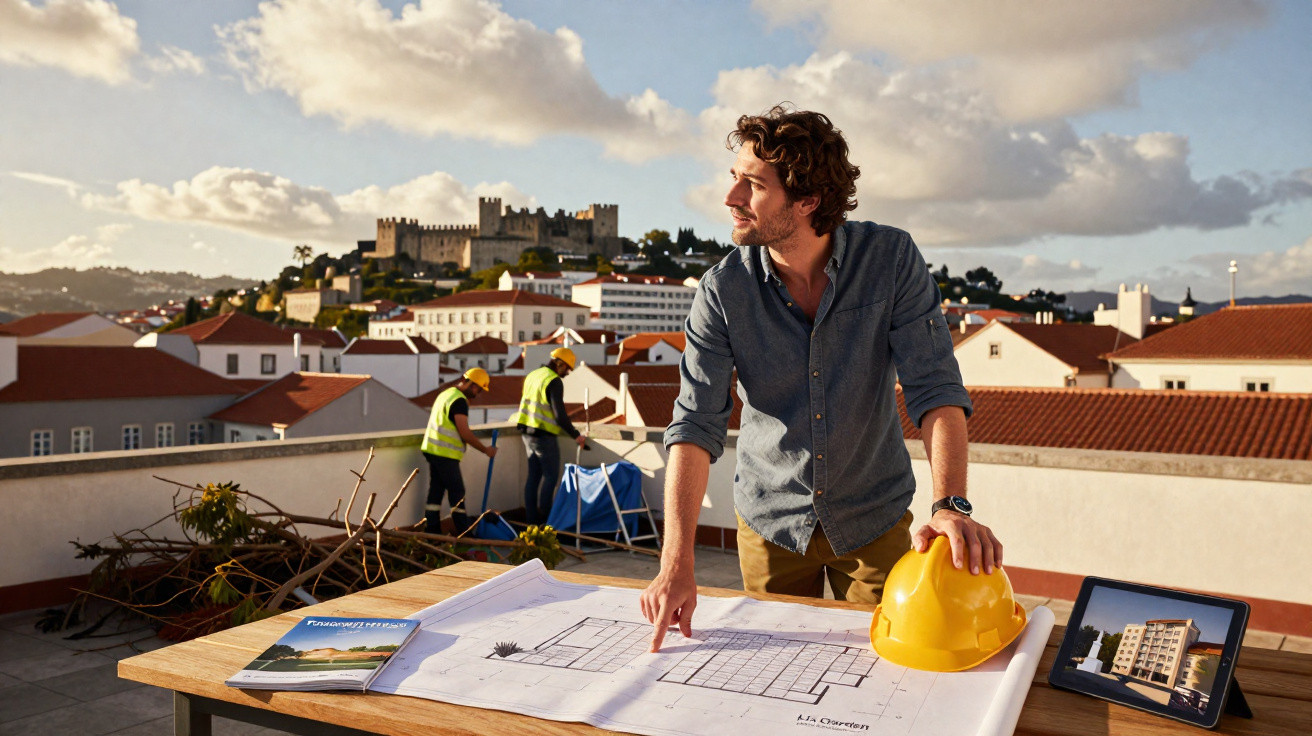Homem a analisar plantas de construção numa mesa ao ar livre, com trabalhadores e castelo ao fundo.
