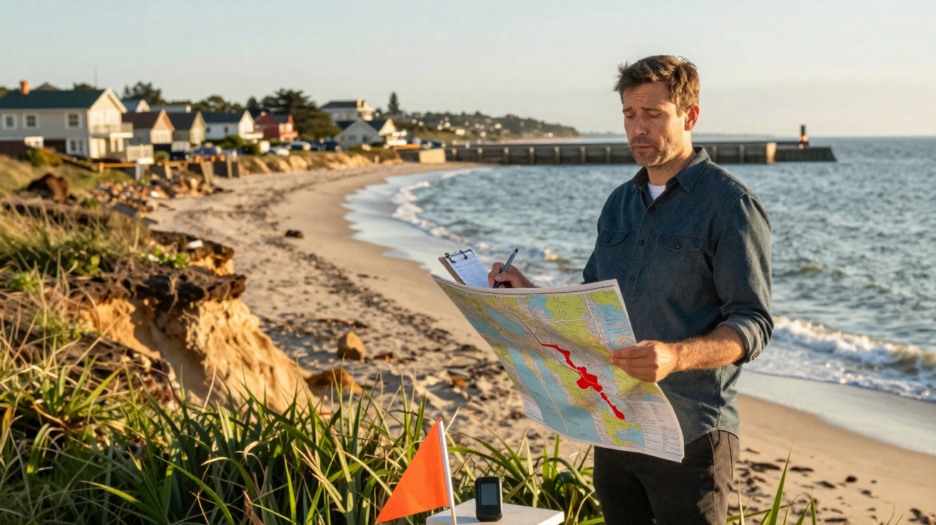 Homem analisa mapa costeiro e faz anotações numa praia com casas ao fundo ao entardecer.