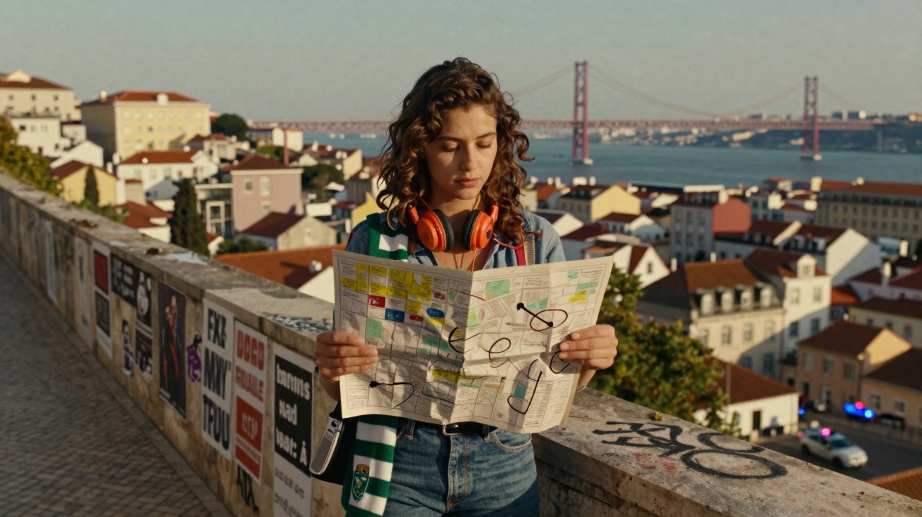 Jovem com auscultadores laranja lê mapa em miradouro com vista para Lisboa e a ponte 25 de Abril ao fundo.
