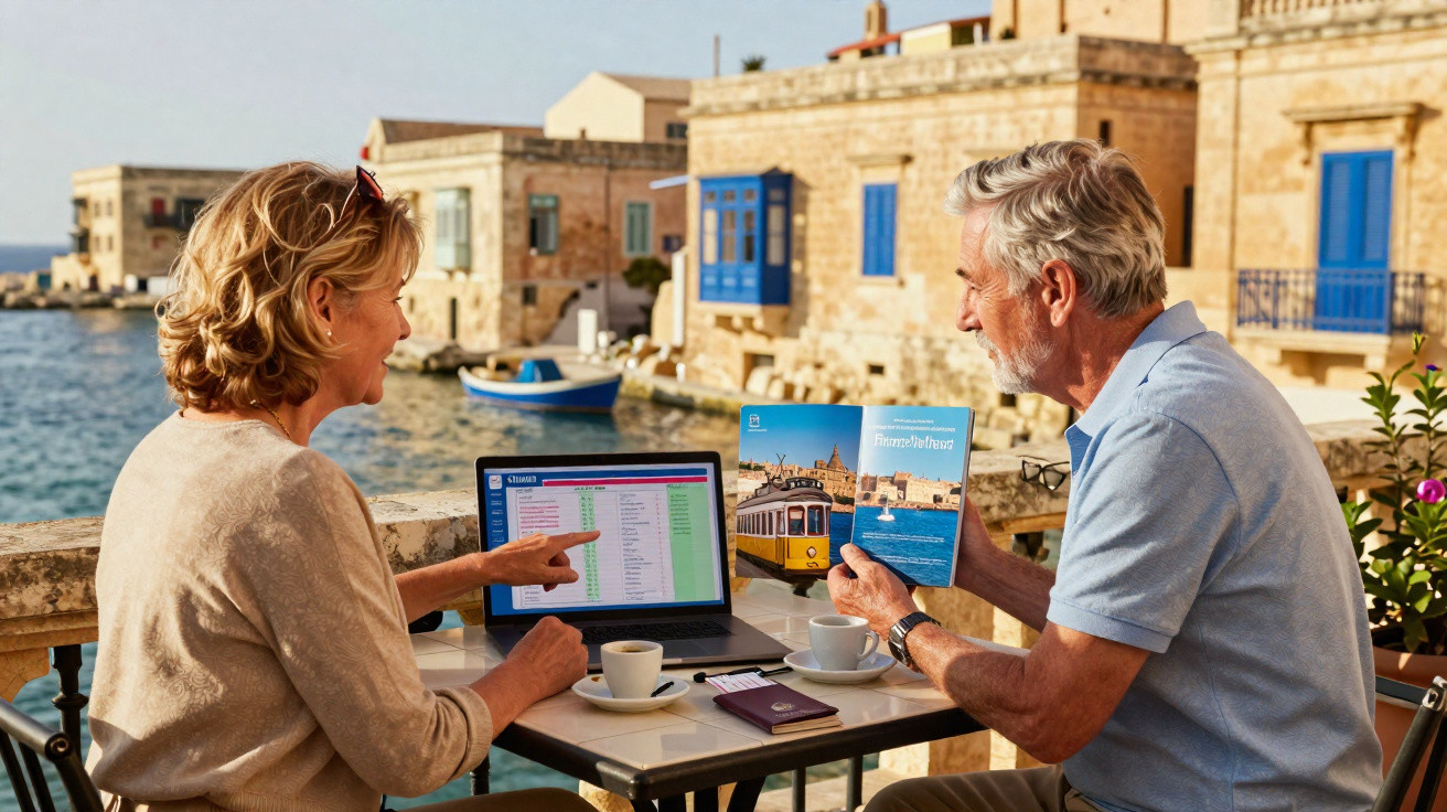 Casal sénior conversa numa esplanada junto ao mar com computador e folhetos turísticos numa vila costeira.