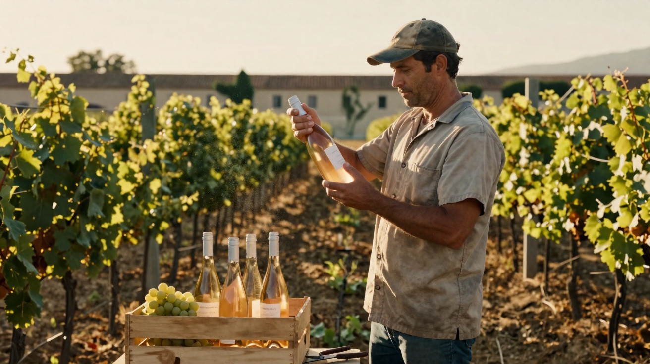 Homem inspeciona garrafa de vinho num campo de vinhas ao pôr do sol.