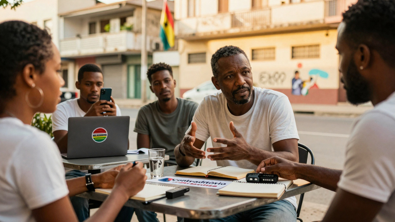 Grupo de cinco jovens negros reunidos numa mesa ao ar livre em conversa animada com cadernos e computador.