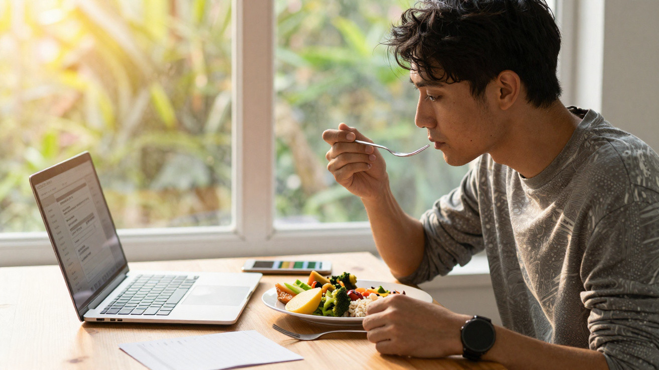 Pessoa jovem a comer uma refeição saudável enquanto trabalha num computador portátil perto de uma janela.