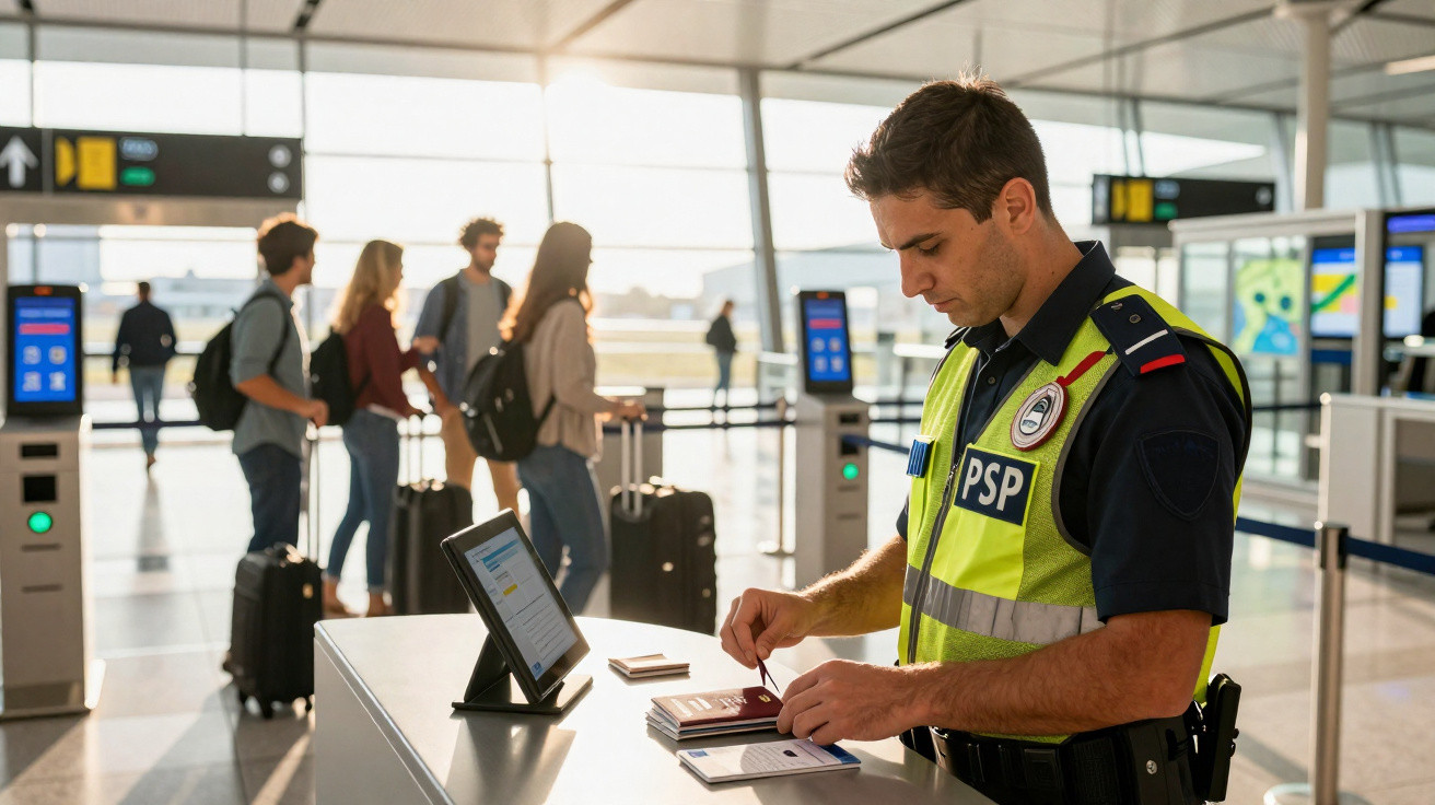 Polícia em uniforme verifica passaporte de viajante no controlo de segurança do aeroporto.
