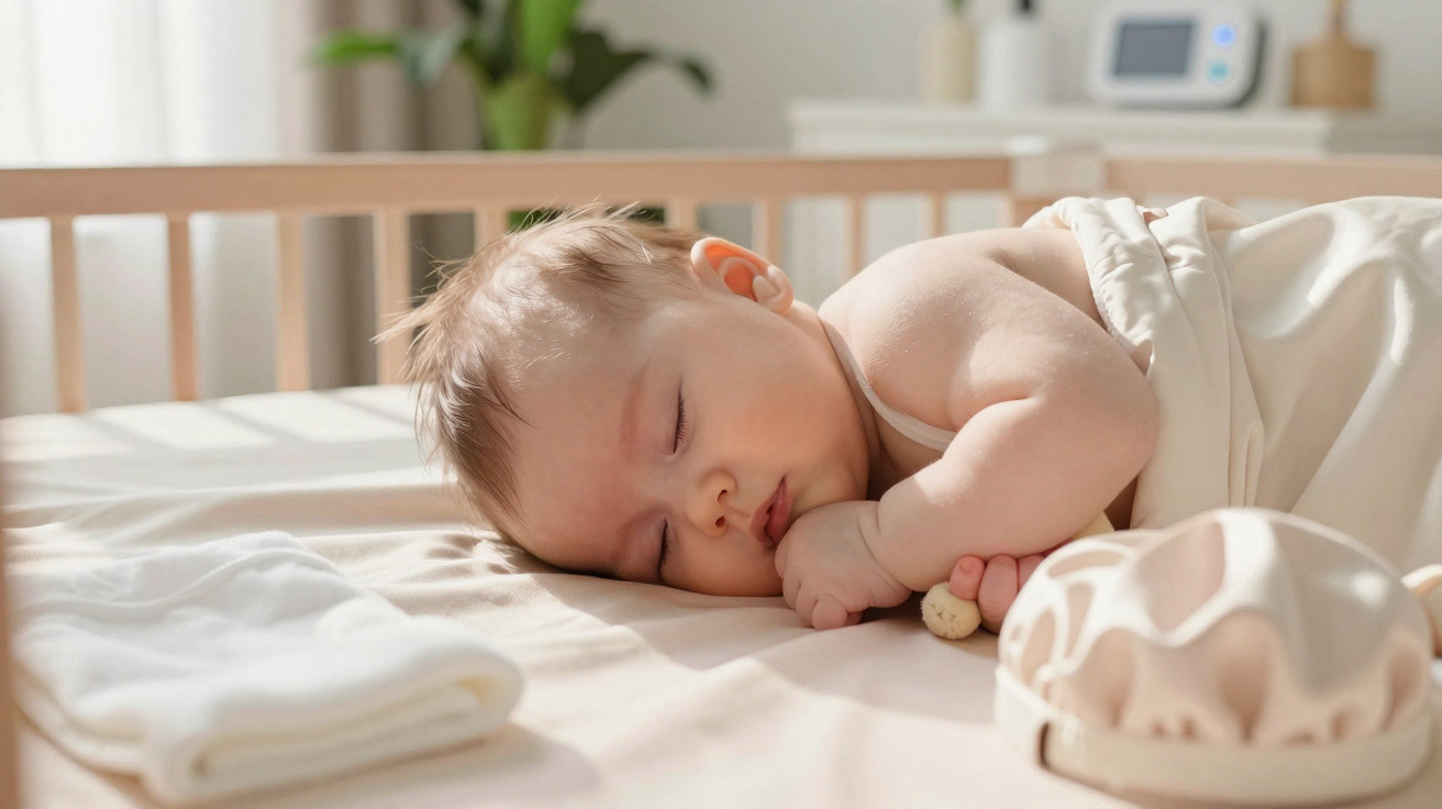 Bebé a dormir tranquilamente numa cama branca com lençóis claros, em ambiente iluminado e acolhedor.
