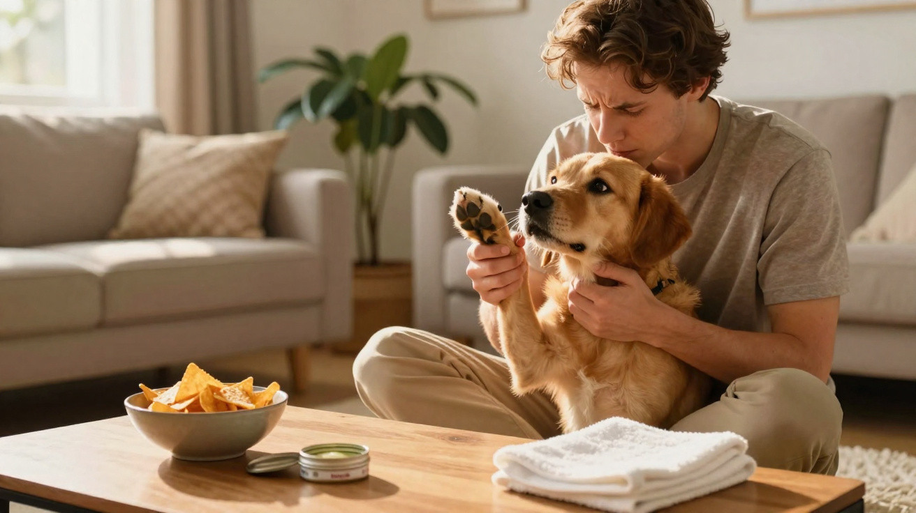 Homem sentado no chão a cuidar da pata de um cão dourado numa sala de estar.