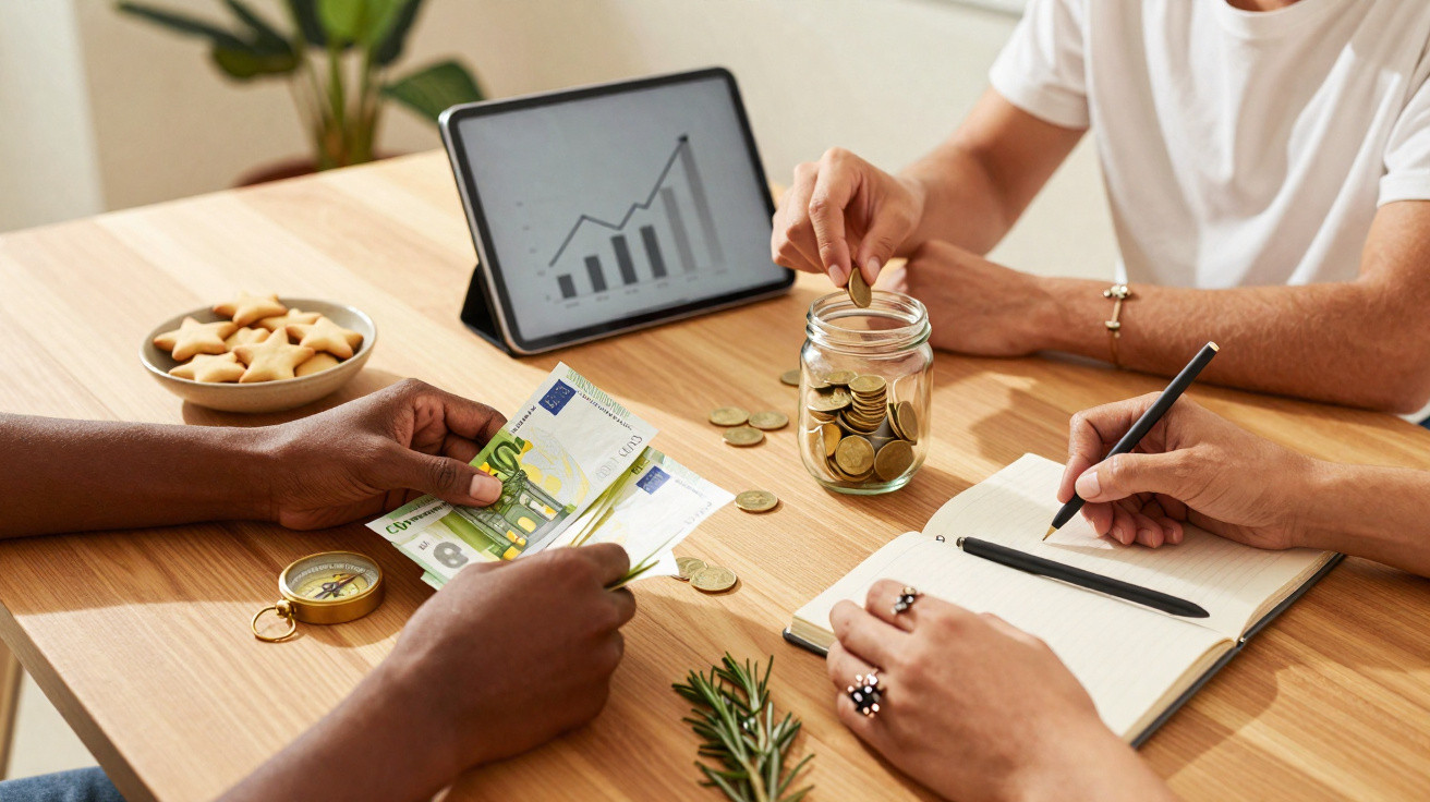Mesa com pessoas a contar dinheiro, moedas num frasco, bloco de notas e gráfico num tablet.