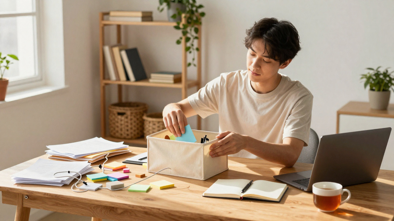 Jovem a organizar cartões e artigos de escritório numa caixa, sentado numa secretária com computador portátil e chá.