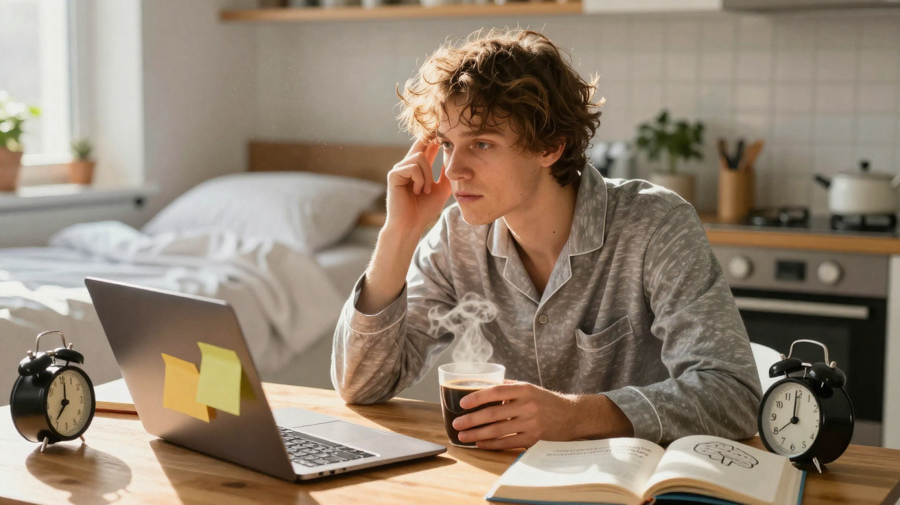 Jovem de pijama sentado à mesa com café quente, computador e livro aberto numa cozinha moderna.
