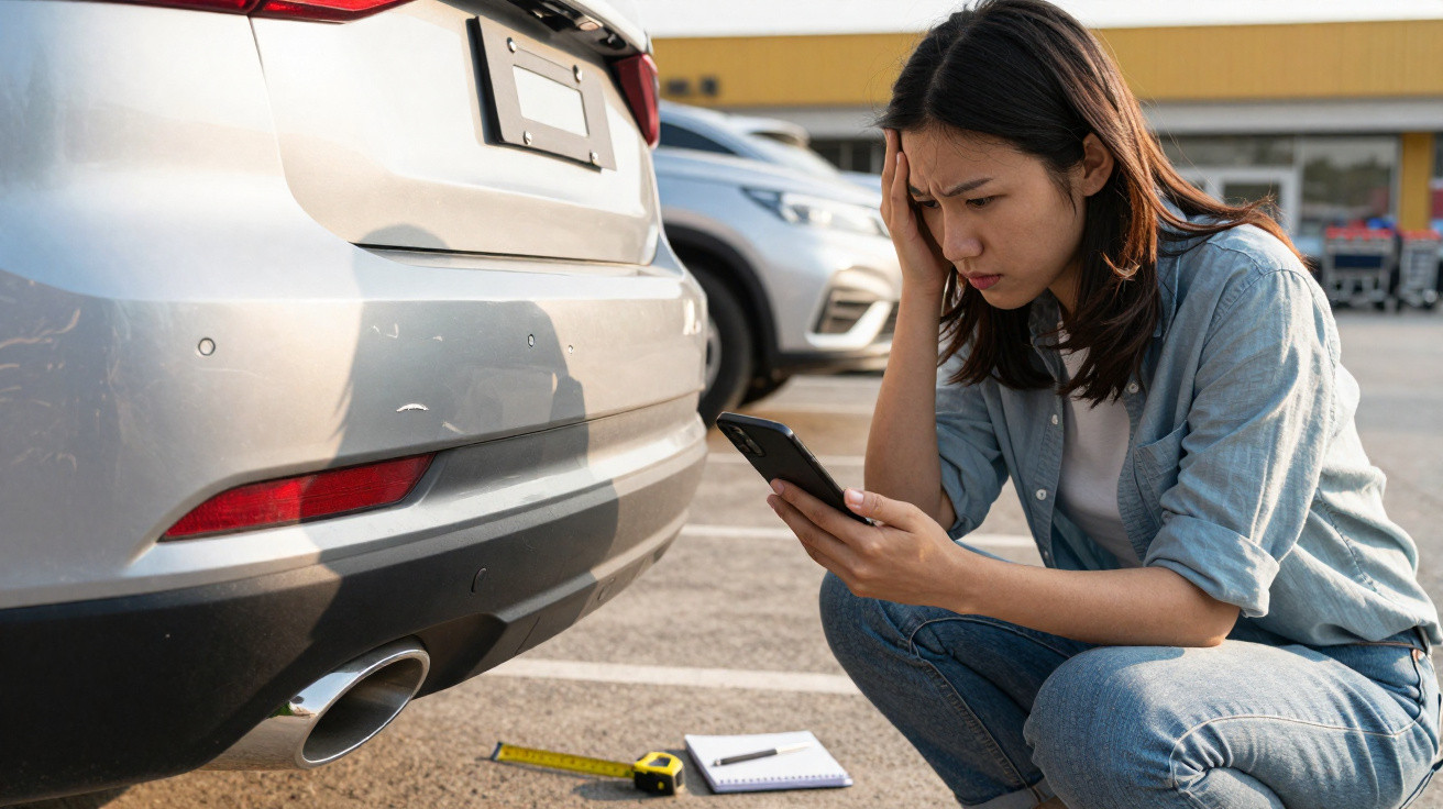 Mulher preocupada verifica danos no carro estacionado, com fita métrica e bloco de notas no chão.
