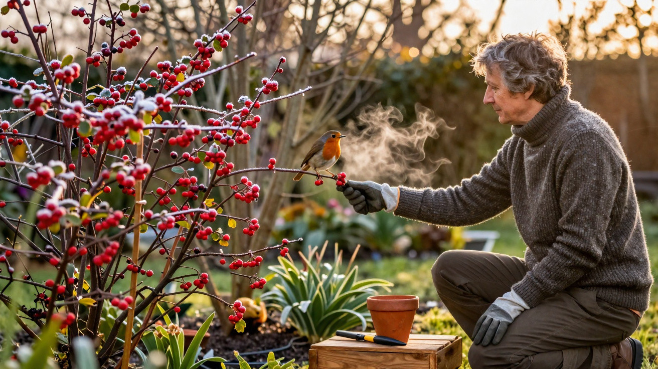Homem de meia-idade extende a mão para passarinho numa árvore de bagas vermelhas num jardim ao pôr do sol.