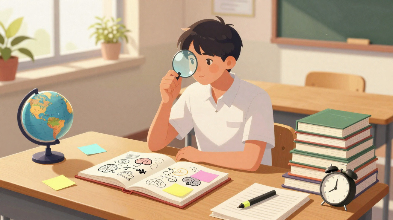 Rapaz numa sala de aula a usar lupa para observar desenhos num livro, rodeado de livros e um globo terrestre.