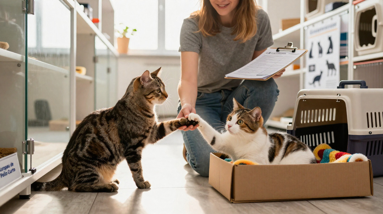 Mulher com prancheta faz gatos tocarem patas num ambiente de abrigo ou clínica veterinária.