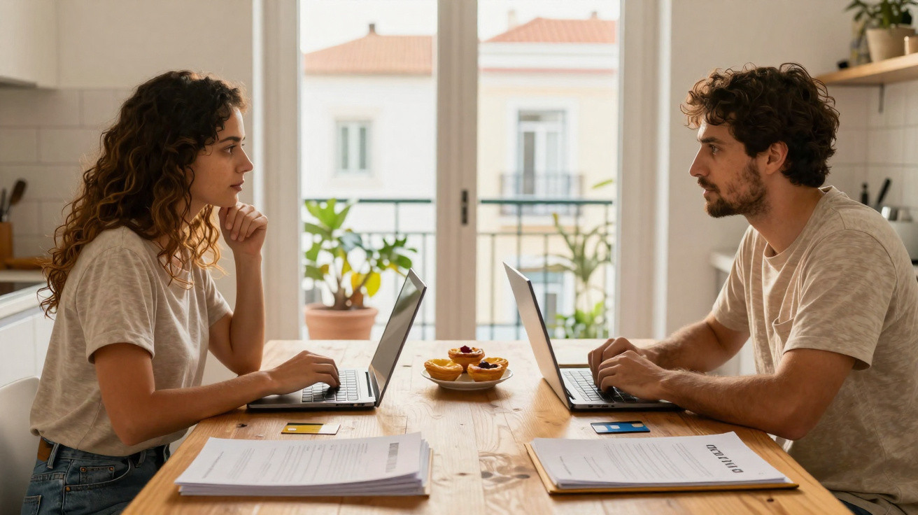 Casal jovem a trabalhar em computadores portáteis à mesa da cozinha com documentos e cartões de crédito.