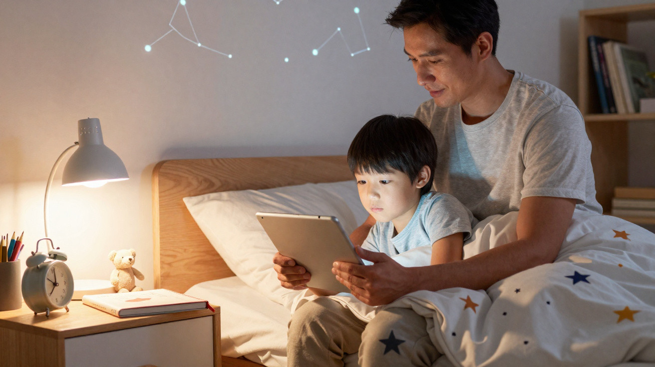 Pai e filho sentados na cama a olhar para um tablet, de noite, com lâmpada e ursinho ao lado.
