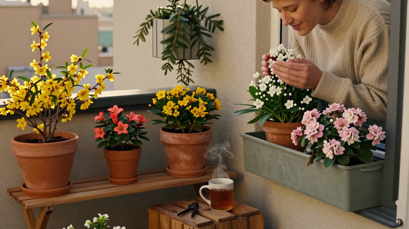 Pessoa a cheirar flores brancas num viveiro de varanda com várias plantas em vasos de barro.