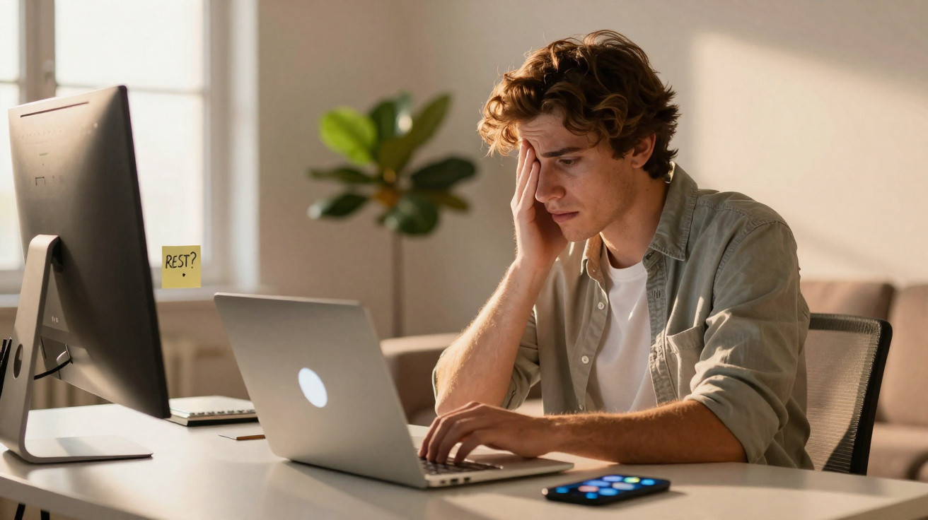 Homem jovem com expressão cansada trabalha em laptop, com monitor e telemóvel numa secretária iluminada.