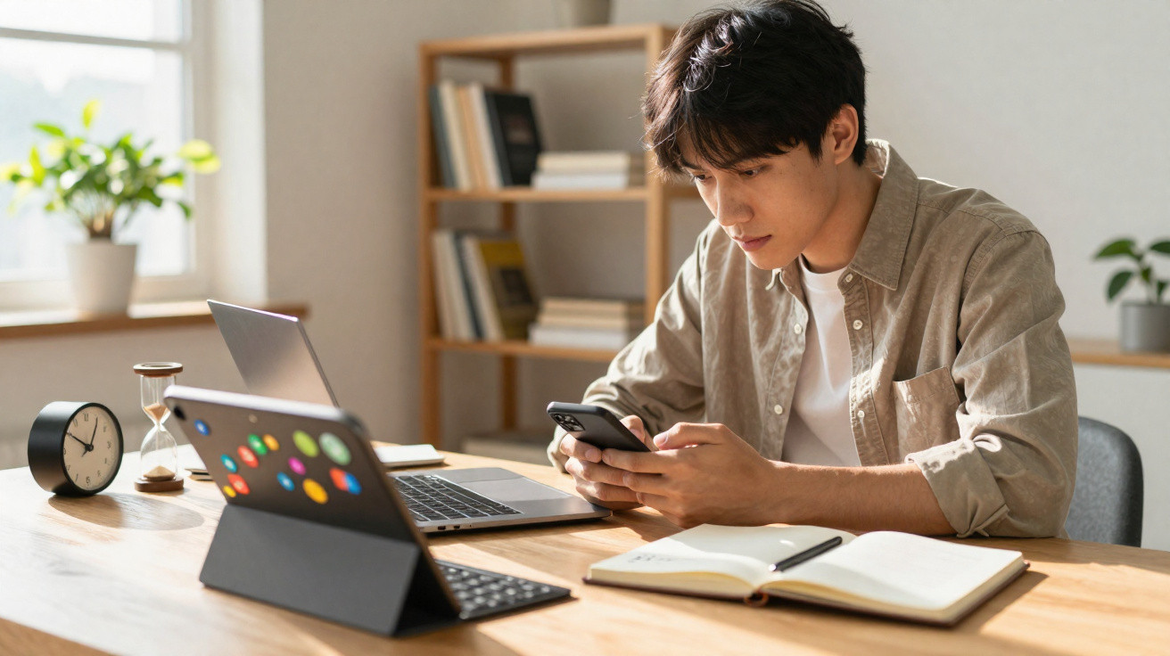 Jovem sentado numa mesa com portátil, tablet e caderno, a consultar o telemóvel num ambiente luminoso e organizado.