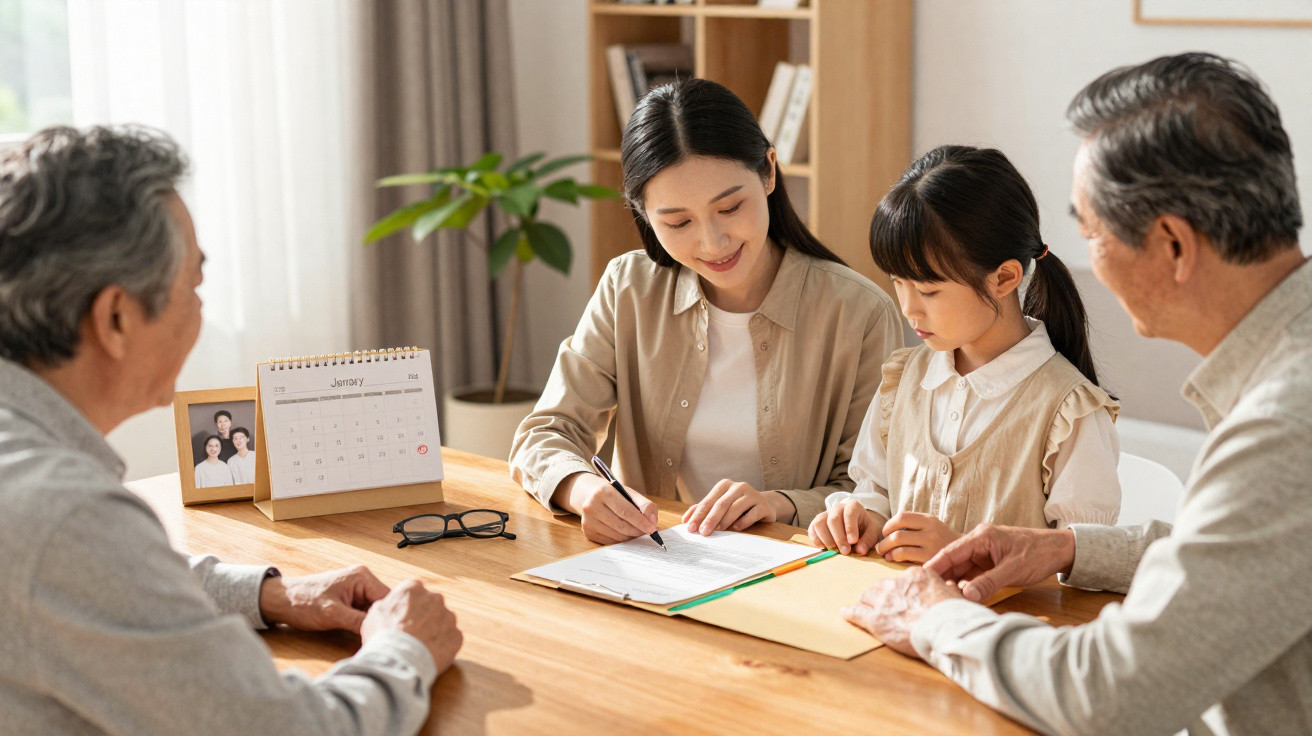 Família asiática sentada à mesa, com mulher a assinar documento e criança observando, em ambiente caseiro.