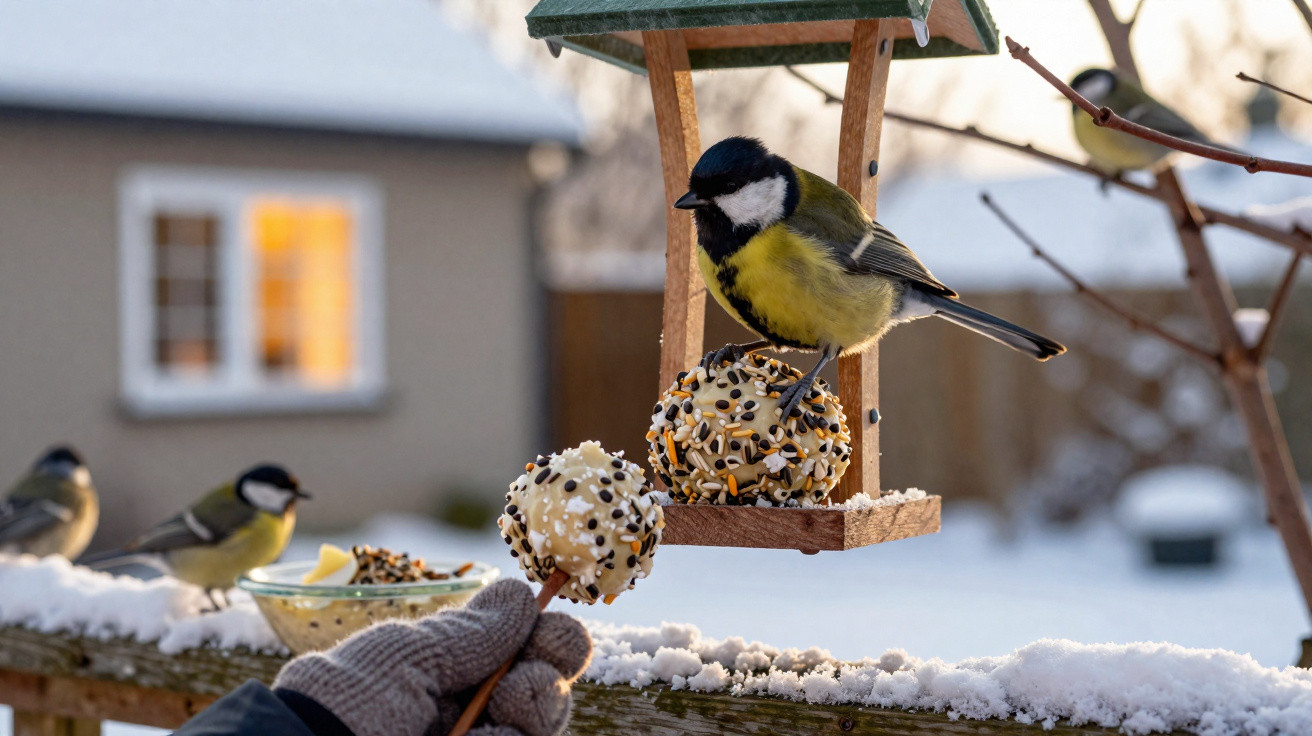 Pássaro alimentando-se de bola de sementes numa pequena casa para pássaros ao ar livre na neve.