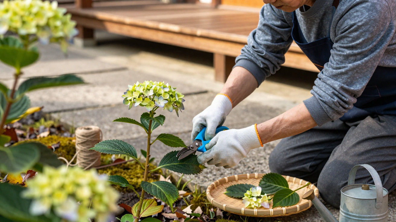 Pessoa com luvas a podar folhas de planta hortênsia num jardim com tesoura de poda azul.