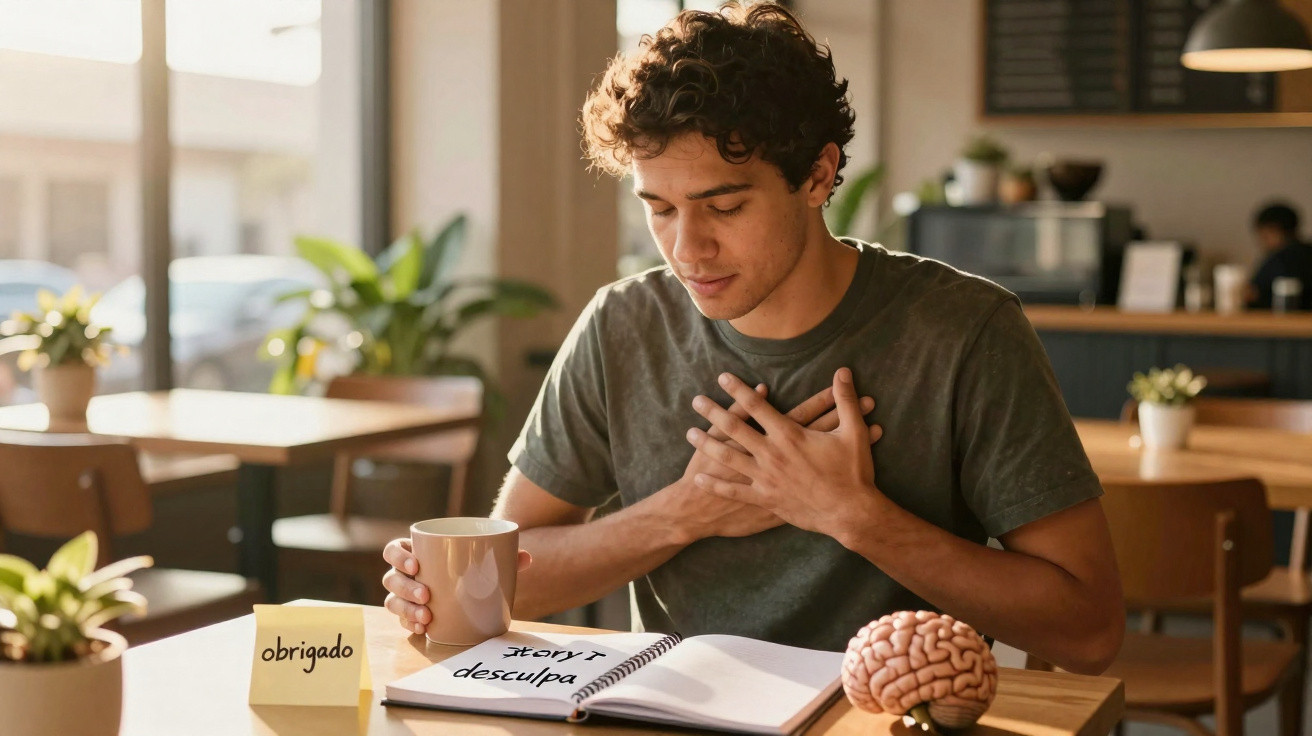 Homem sentado numa mesa de café, com as mãos no peito, caneca na mão e caderno aberto com notas.