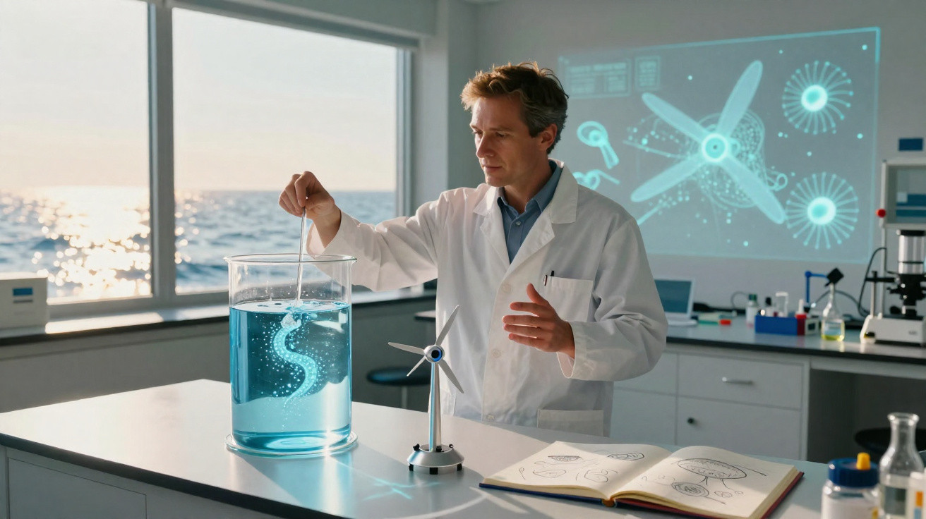 Cientista em laboratório com modelo de turbina e tanque de água azul, janela com vista para o mar ao pôr do sol.